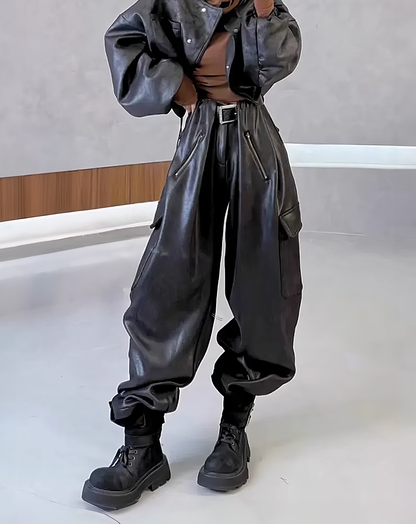 ♀Leather Cargo Pants