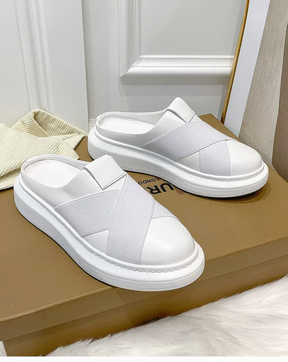 ♀本革／Cross Strap Platform Mules