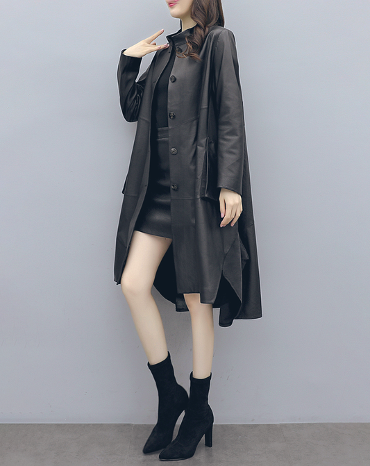 ♀Stand Collar Leather Long Shirt