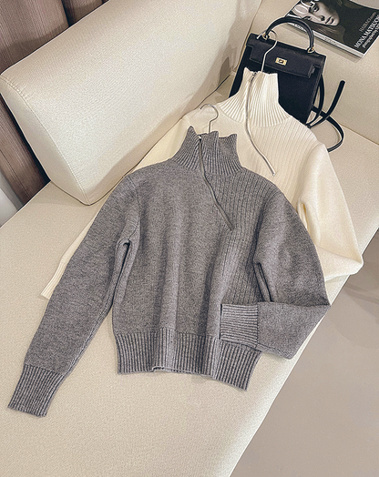 ♀Diagonal Half Zip Knit