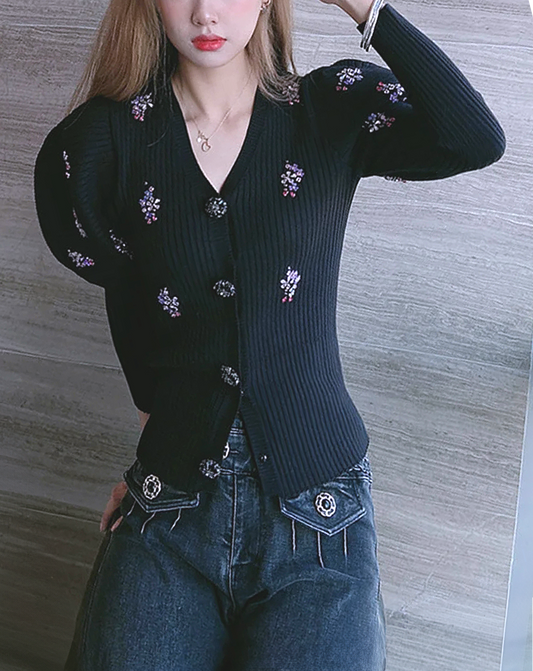 ♀Puff Sleeve Rib Cardigan