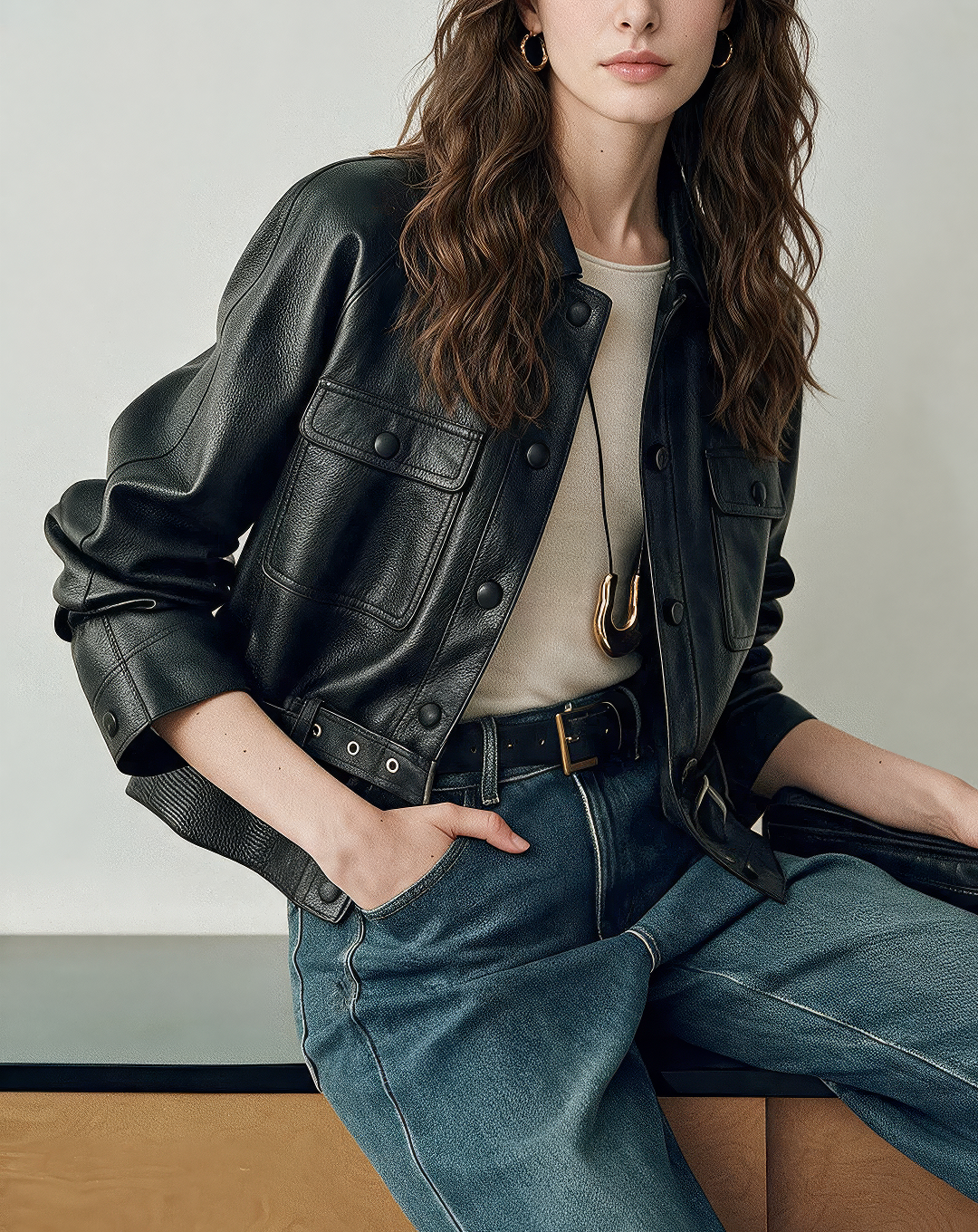 ♀本革／Real Leather Belted Jacket