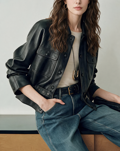 ♀本革／Real Leather Belted Jacket