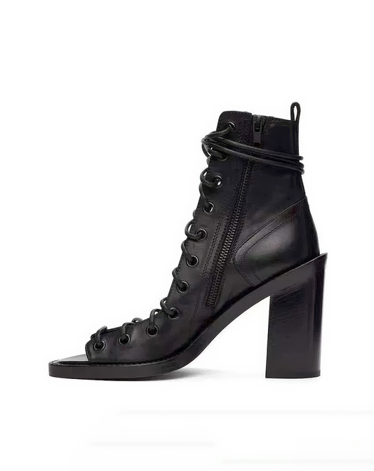 ♀本革／Lace-Up Open-Toe Boots