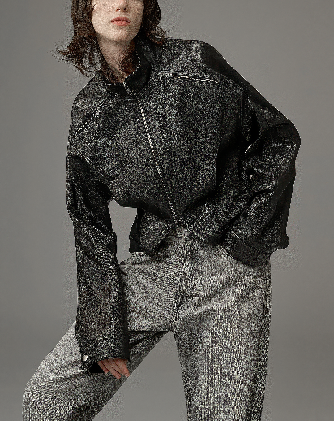 ♀本革／Stand Collar Leather Blouson