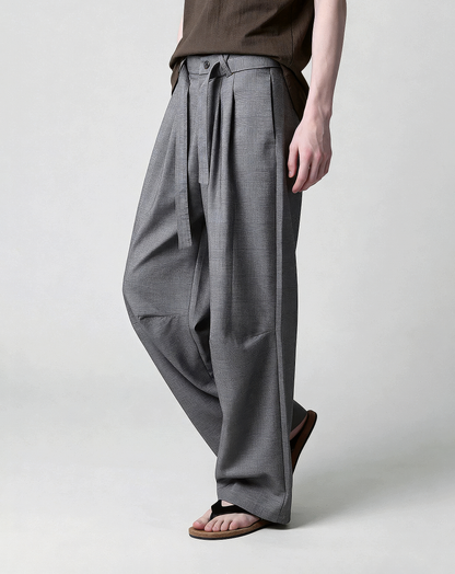 ♂♀Belted Plaid Wide Pants