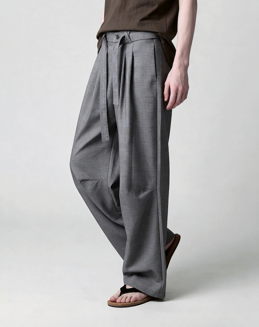 ♂♀Belted Plaid Wide Pants