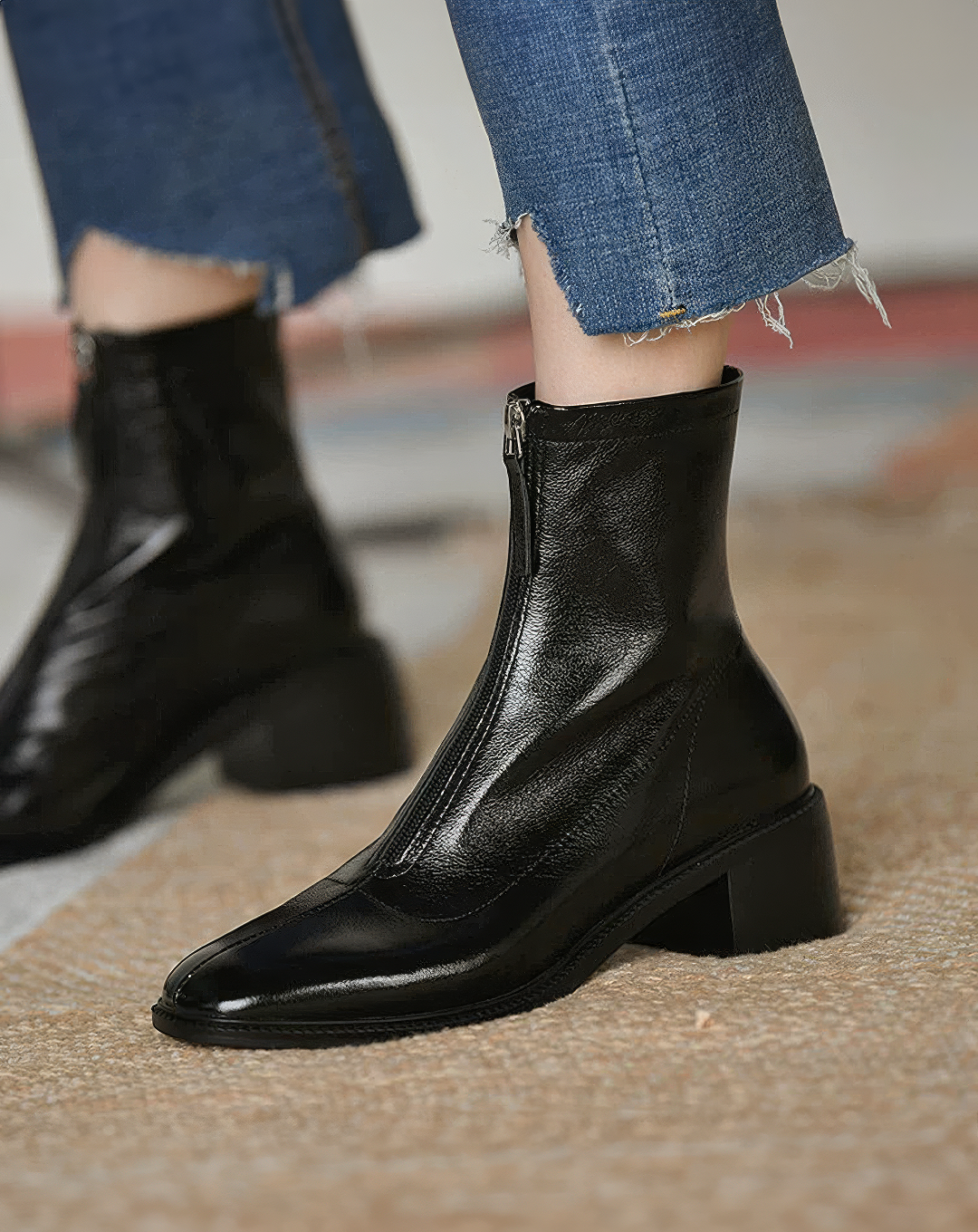 ♀本革／Chunky Heel Ankle Boots