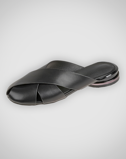 ♀本革／Black Flat Mule Sandals