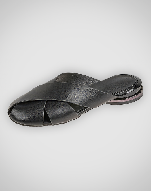 ♀本革／Black Flat Mule Sandals