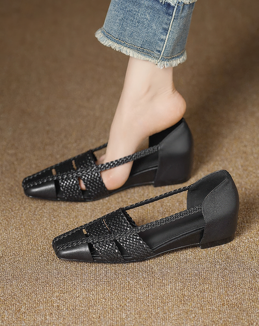 ♀本革／Woven Square Toe Shoes