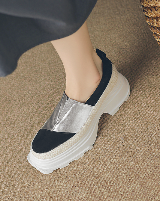 ♀Leather and Jute Platform Slip-on Shoes