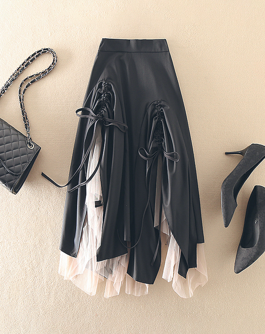 ♀Lace-Up Flared Skirt