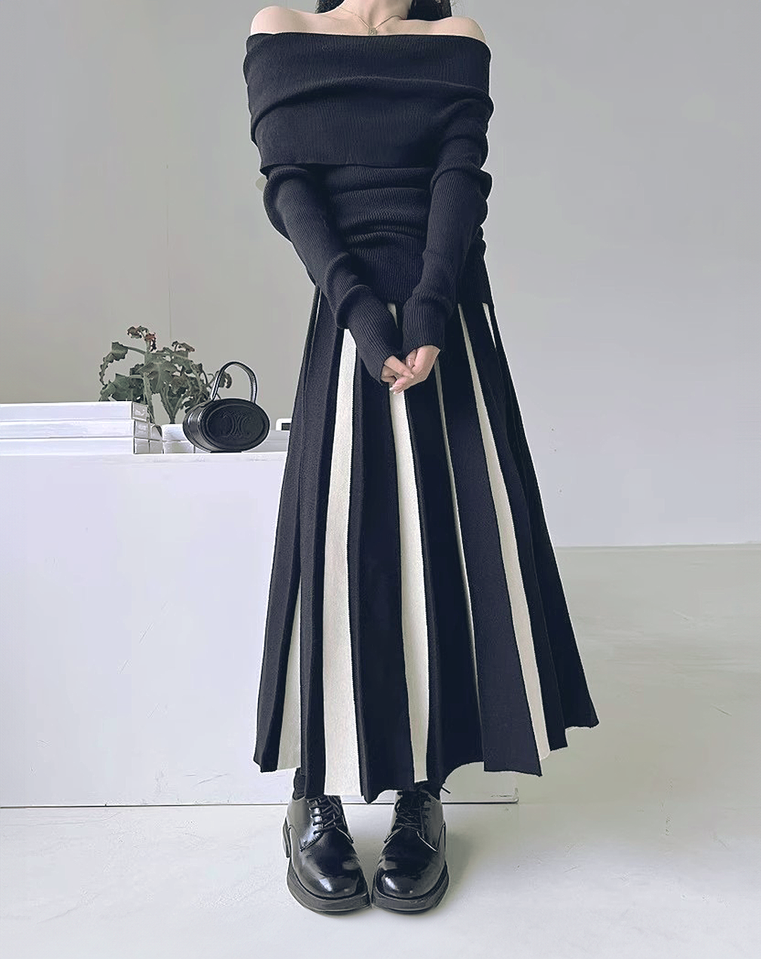 ♀Bicolor Long Pleated Skirt