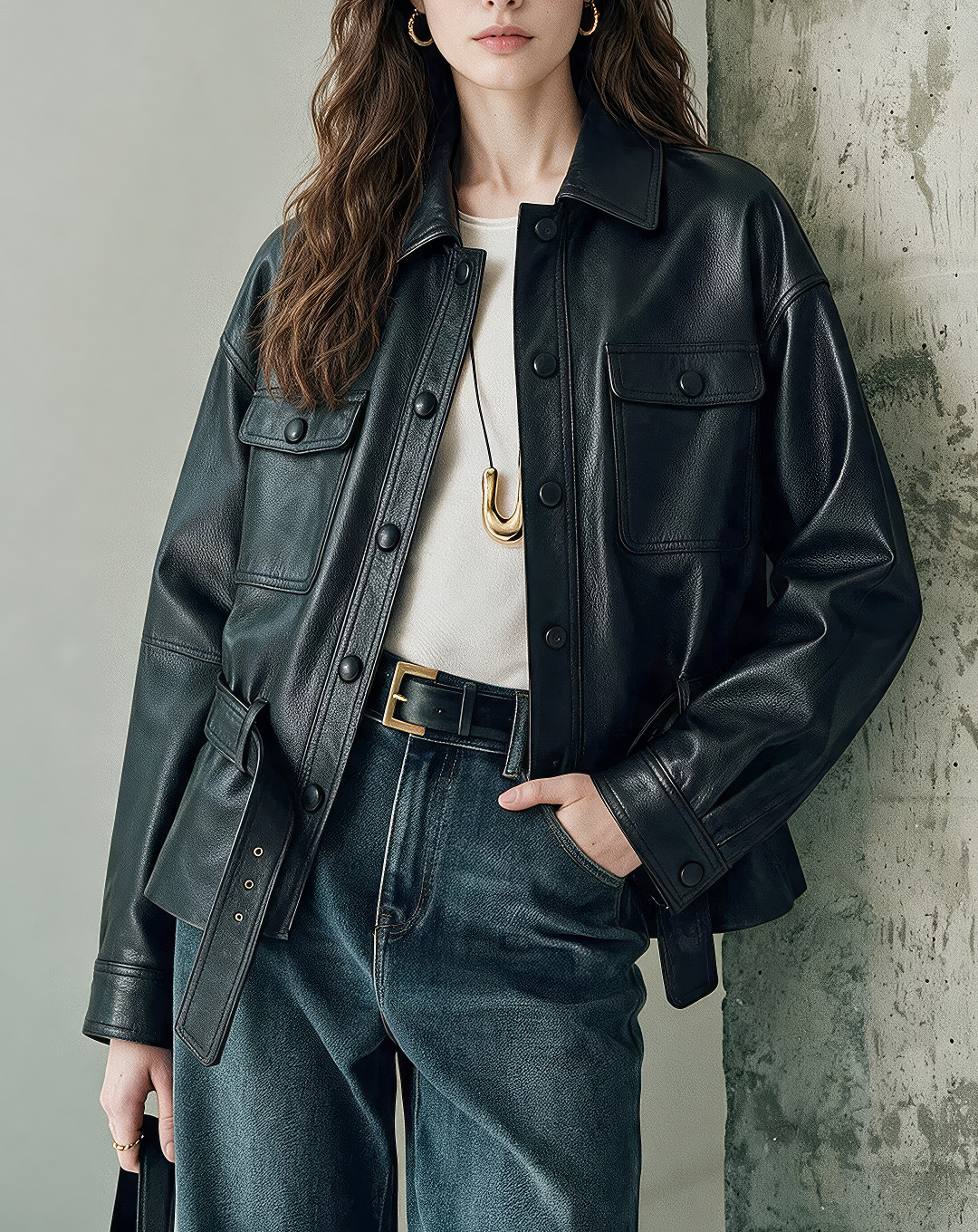 ♀本革／Real Leather Belted Jacket