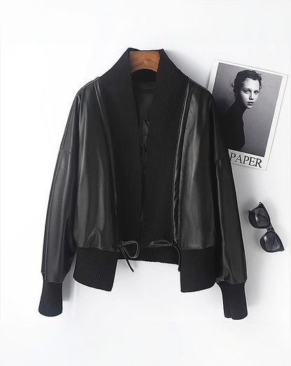 ♀Ribbed Collar Leather Jacket