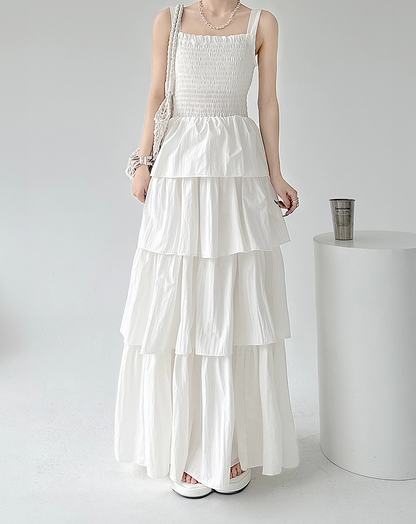 ♀Shirring Tiered Frill Dress