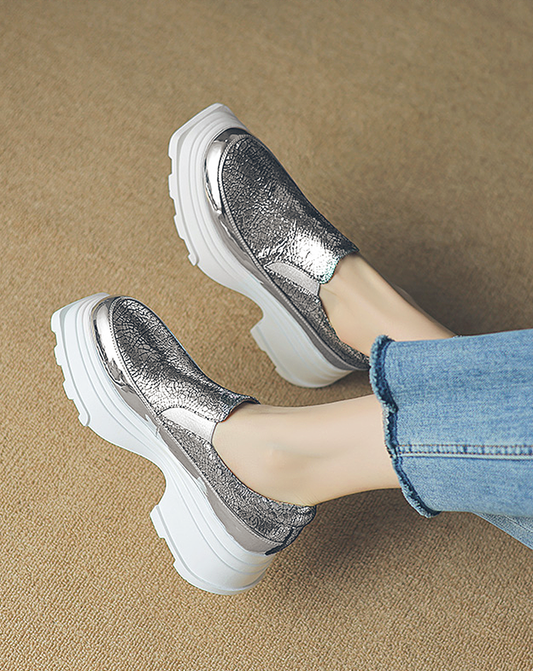 ♀Platform Metallic Leather Slip-on Shoes