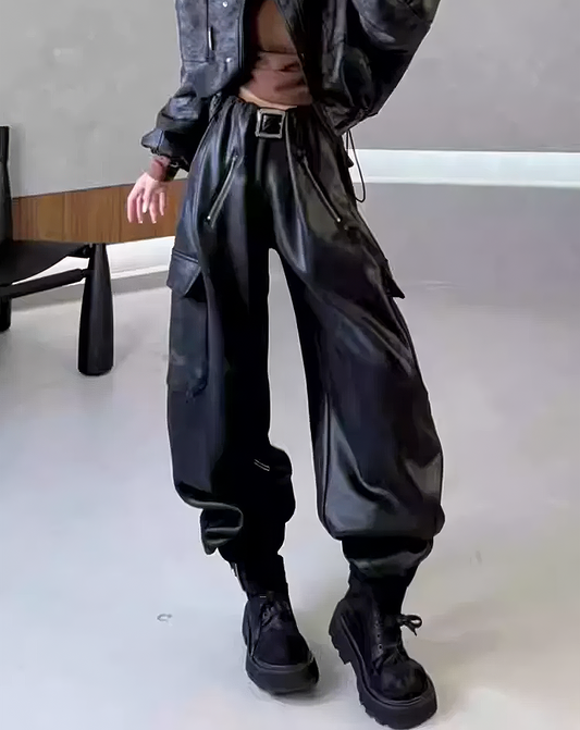 ♀Leather Cargo Pants