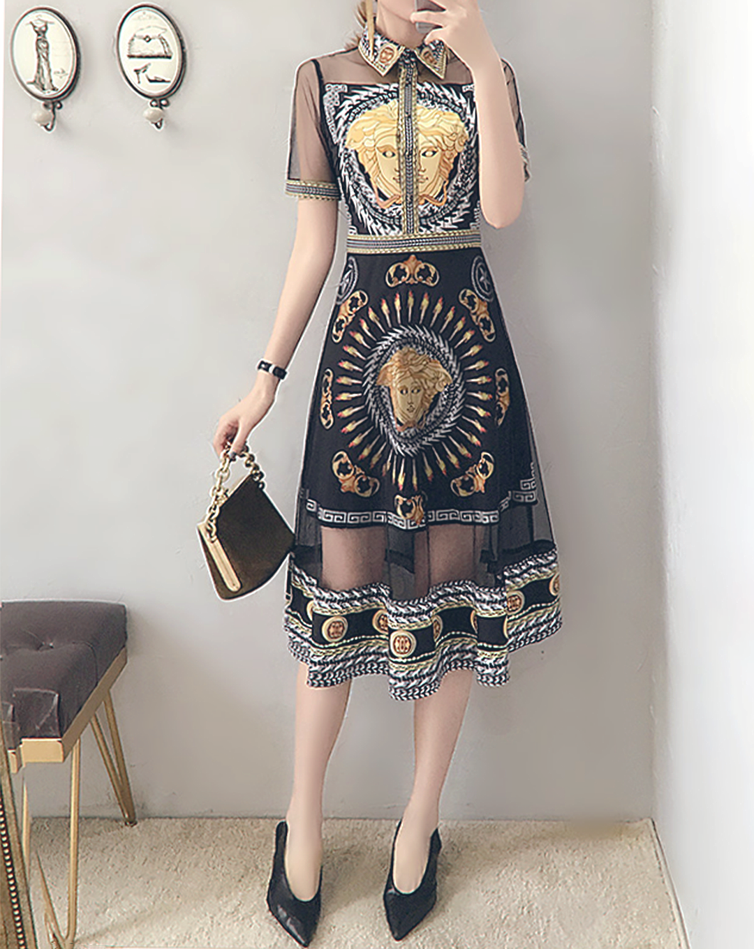 ♀Retro Style Sheer Shirt Dress