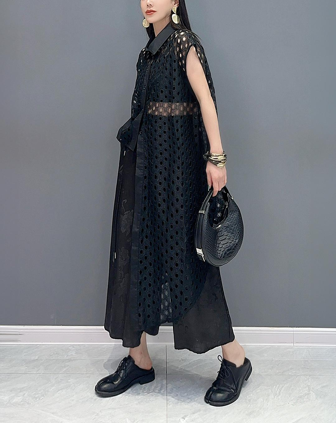 ♀Sheer Dot Asymmetric Long Shirt