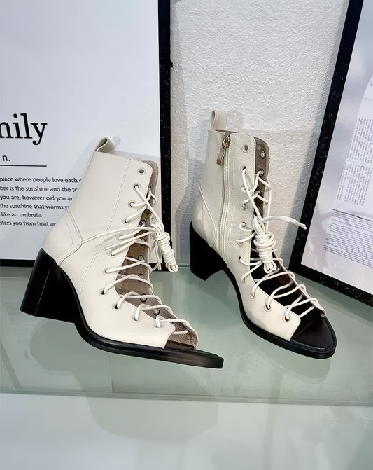 ♀本革／Lace-Up Open-Toe Boots