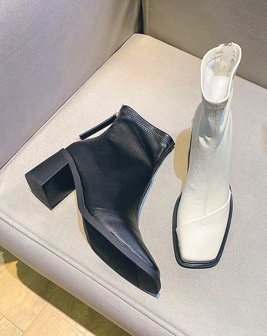 ♀Square Toe Chunky Heel Zip Boots