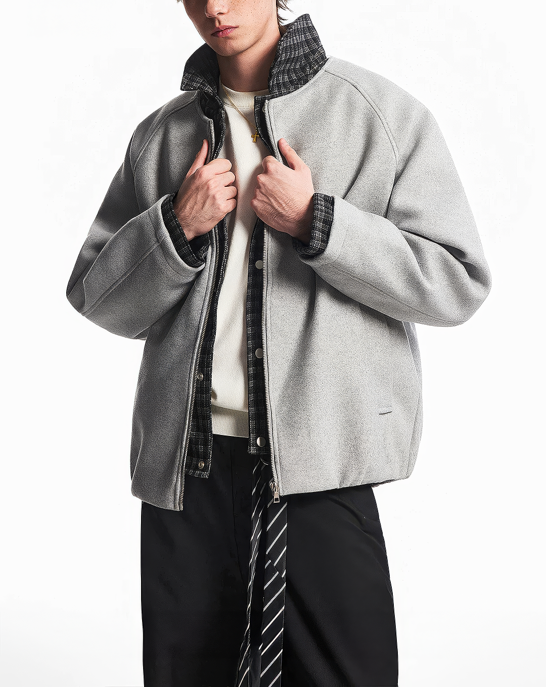♂♀ Plaid Trim Zip Jacket