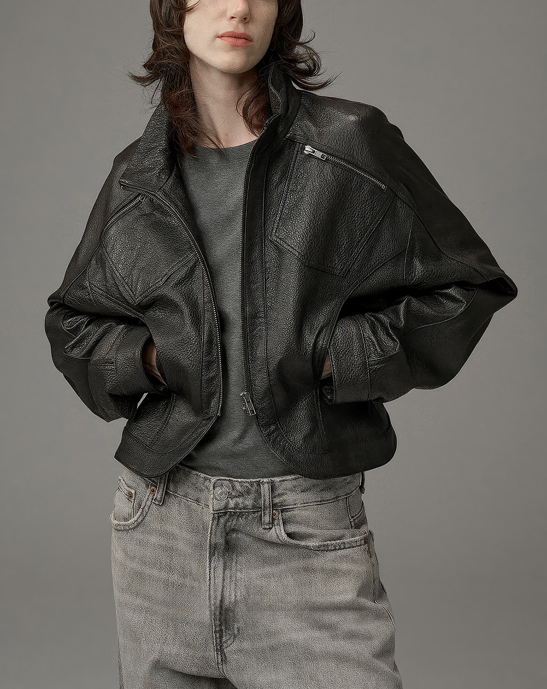 ♀本革／Stand Collar Leather Blouson