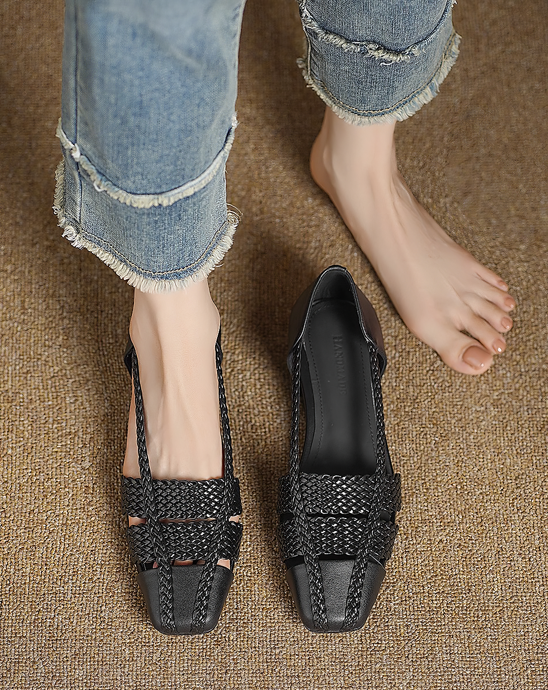 ♀本革／Woven Square Toe Shoes