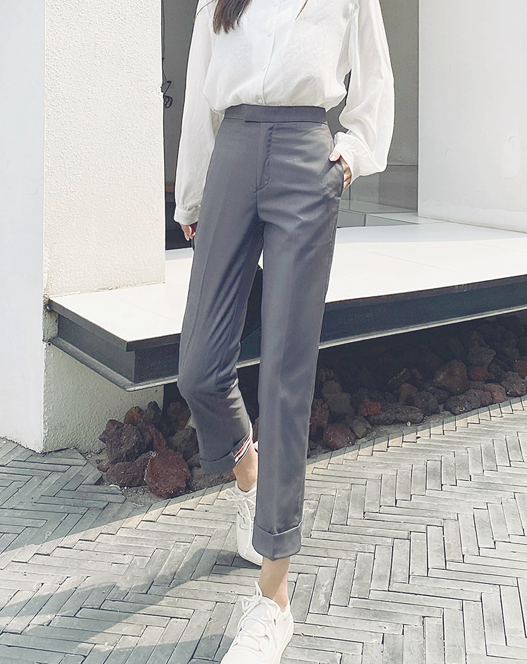 ♀Tricolor Back Hem Cropped Pants