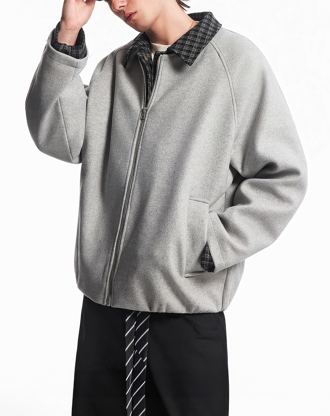 ♂♀ Plaid Trim Zip Jacket