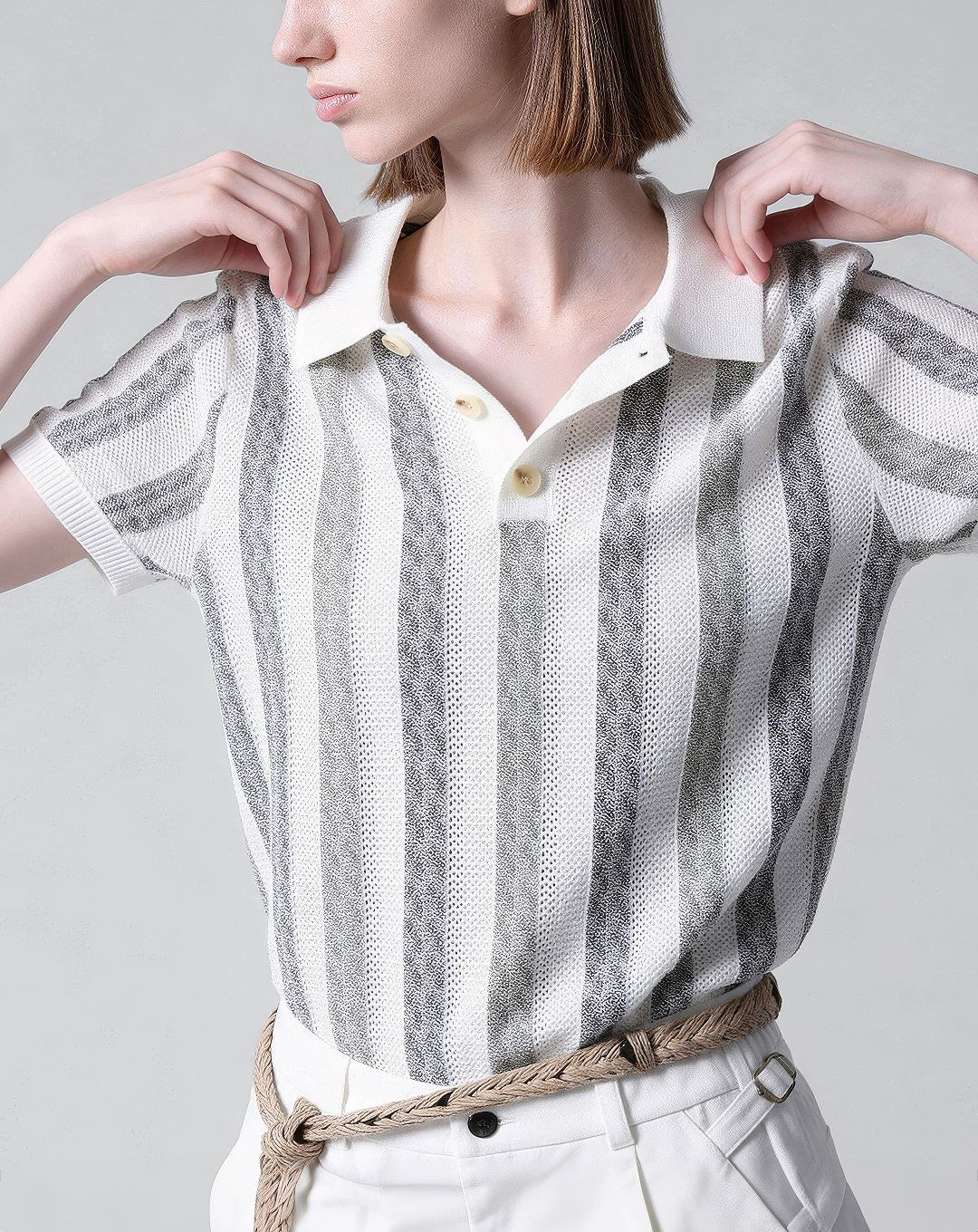 ♂♀Striped Knit Polo Shirt