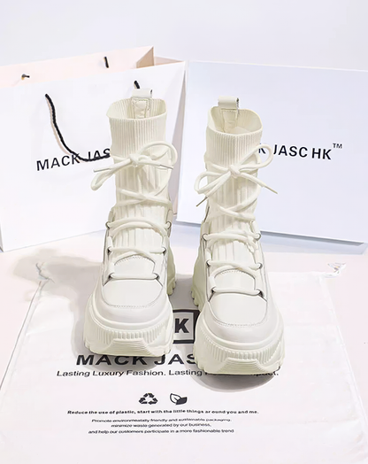 ♀Ribbed Sock Lace Up Boots