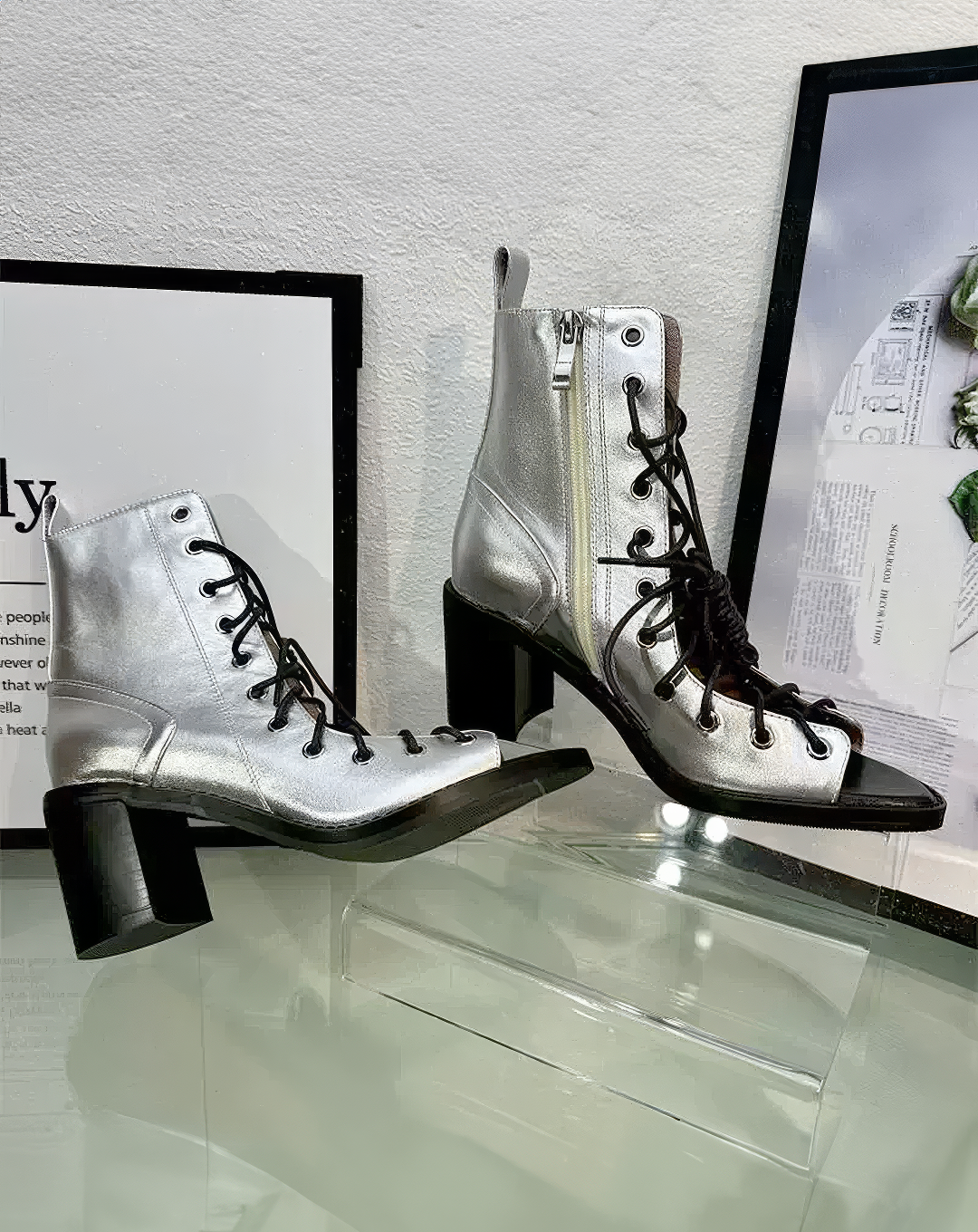 ♀本革／Lace-Up Open-Toe Boots