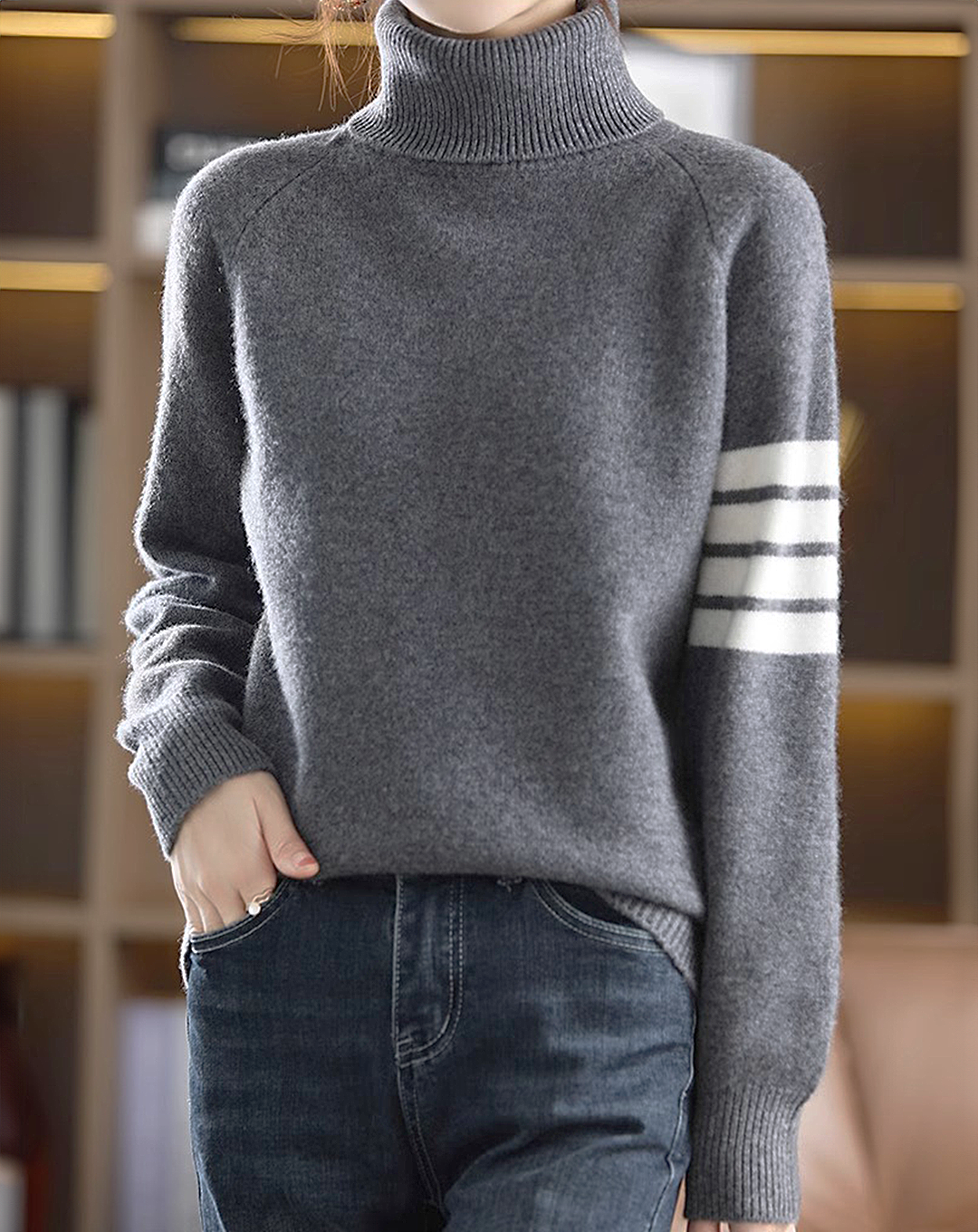 ♀Striped High Neck Knit