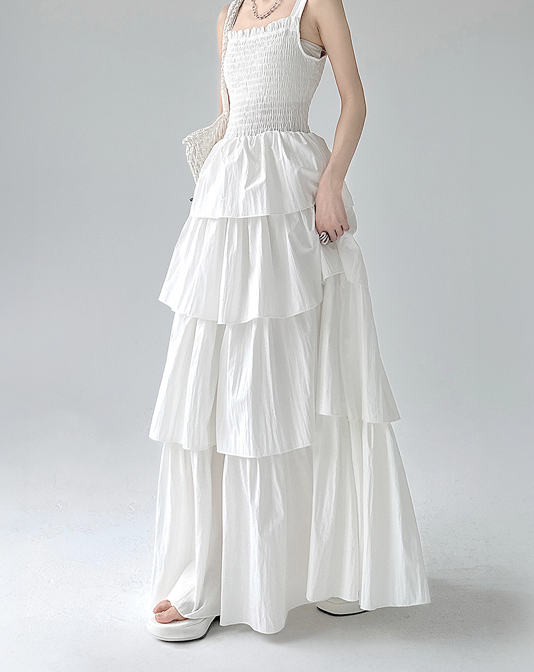 ♀Shirring Tiered Frill Dress