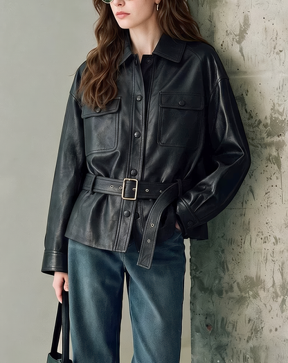 ♀本革／Real Leather Belted Jacket