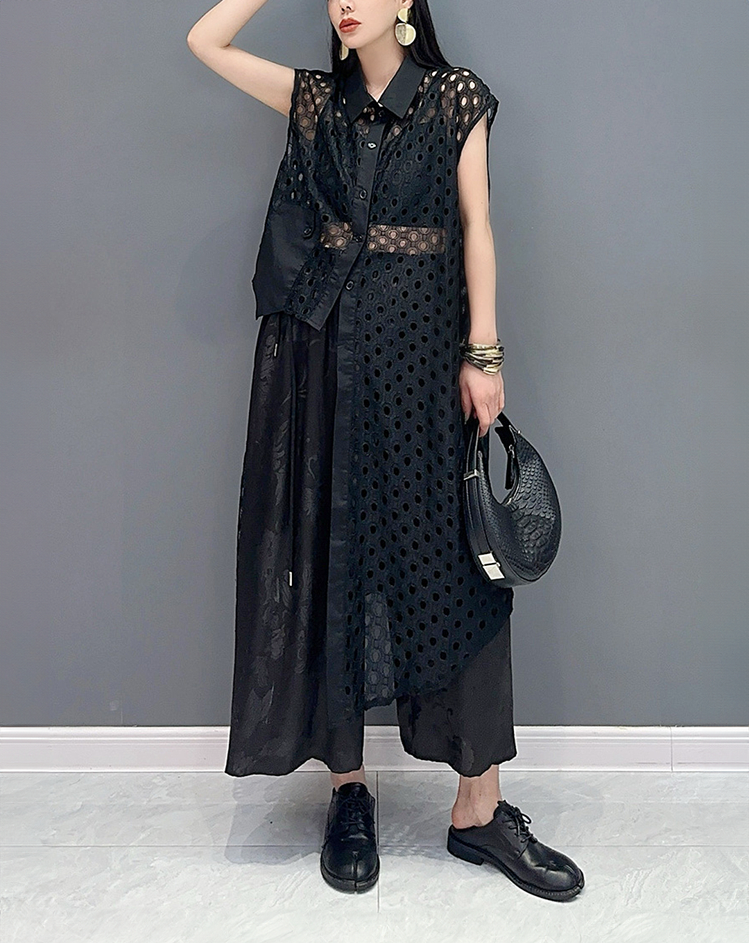 ♀Sheer Dot Asymmetric Long Shirt