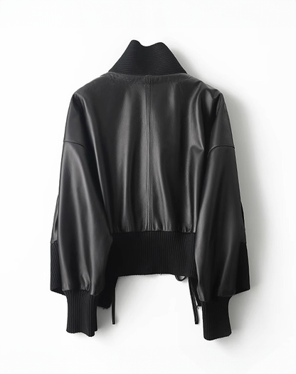 ♀Ribbed Collar Leather Jacket