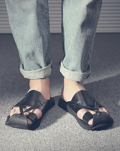 ♂♀Leather Fluffy Thumb Loop Sandals