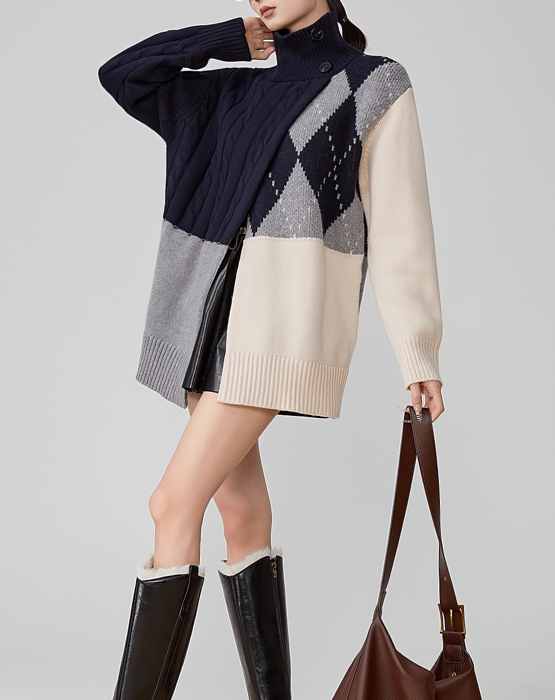 ♀Panel Cable Argyle Sweater