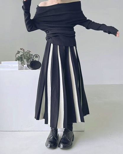 ♀Bicolor Long Pleated Skirt