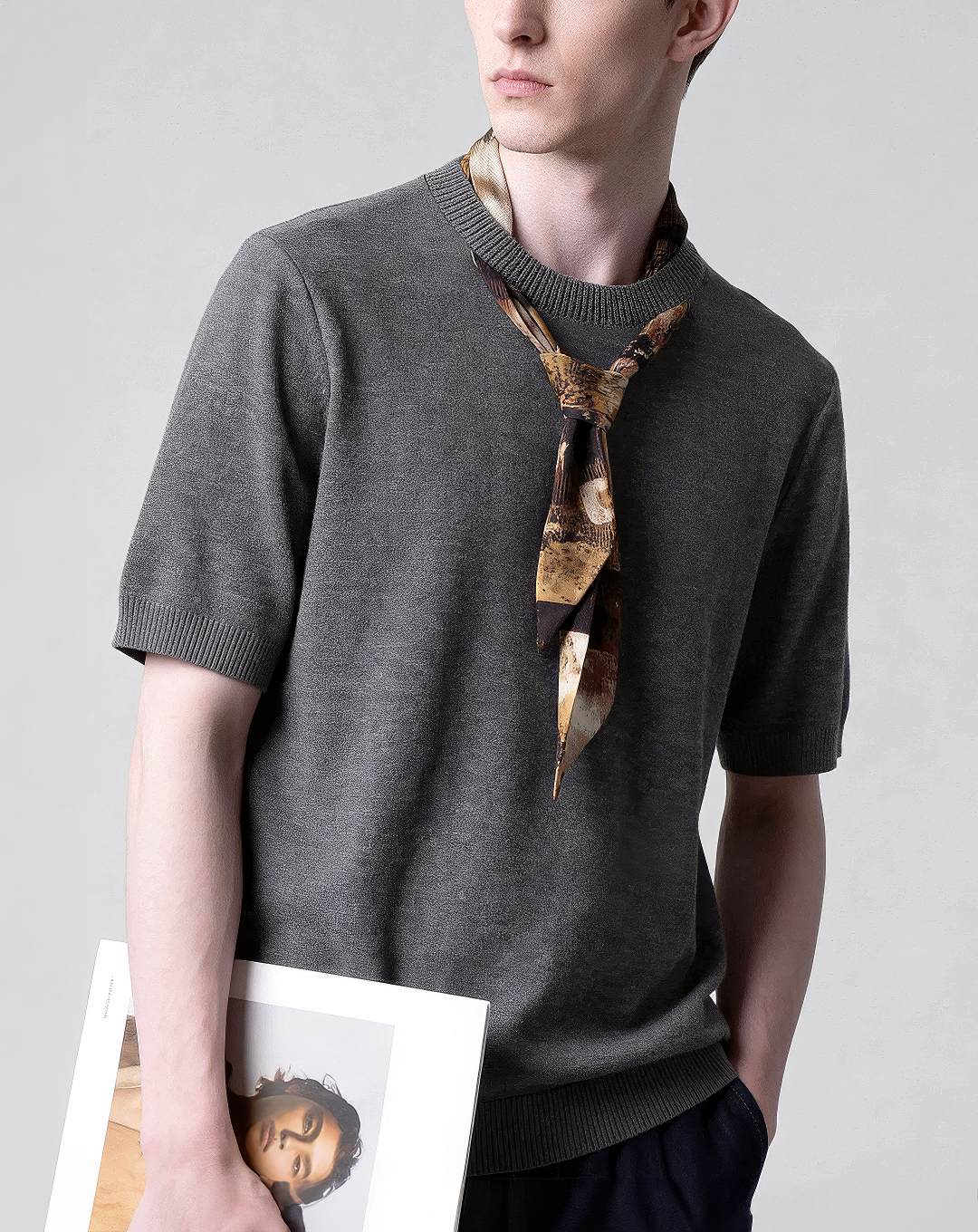 ♂♀Attached Scarf Knit Tee