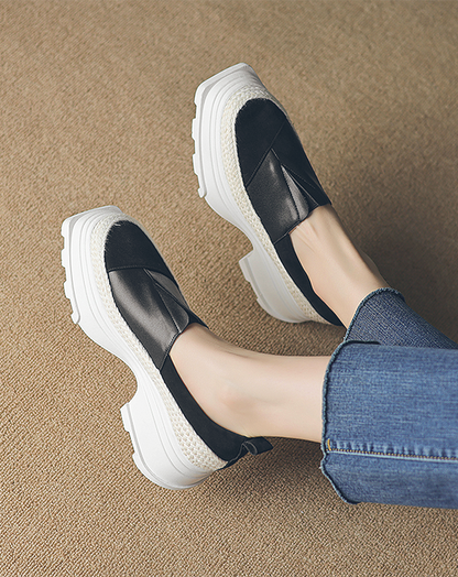 ♀Leather and Jute Platform Slip-on Shoes