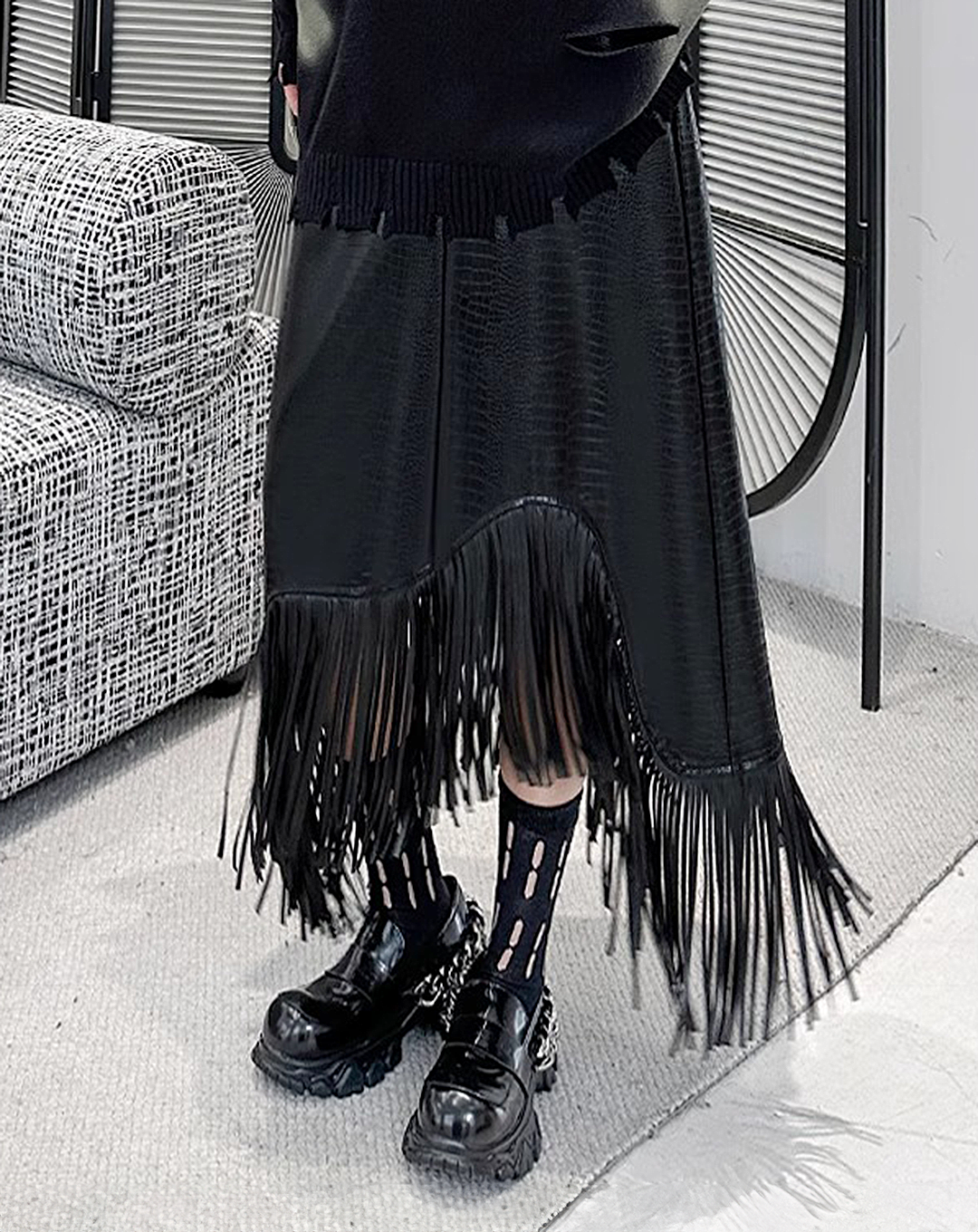 ♀Leather Fringe Skirt