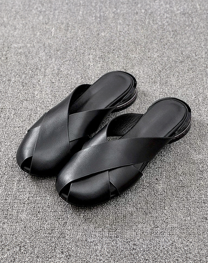 ♀本革／Black Flat Mule Sandals