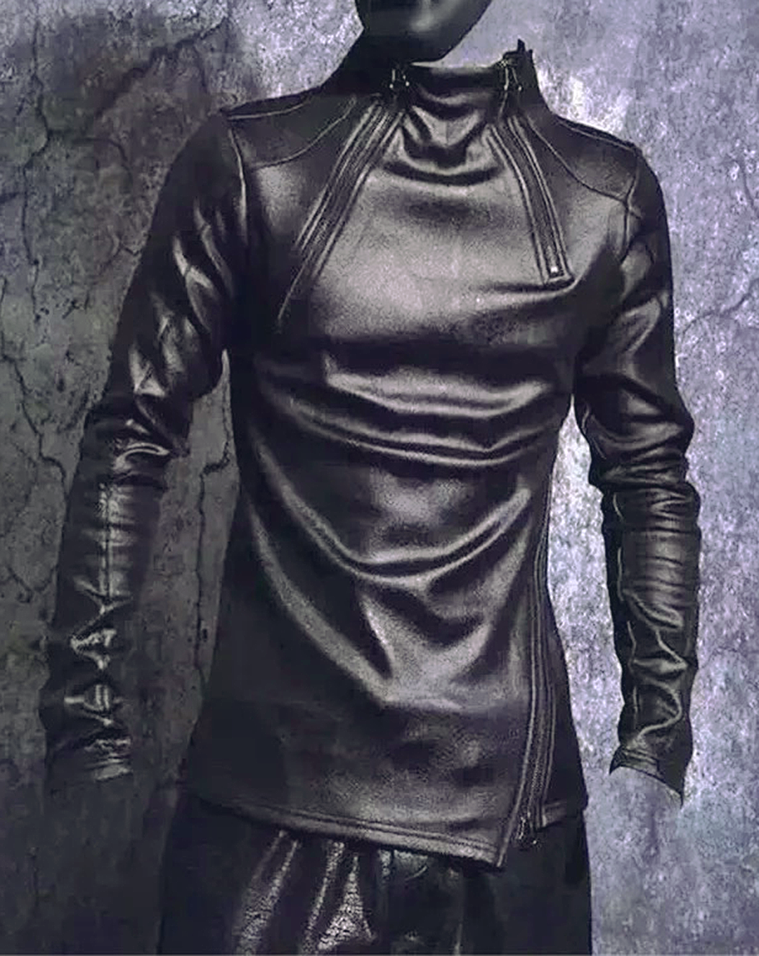 ♂Asymmetric Zip High Neck Leather Tops