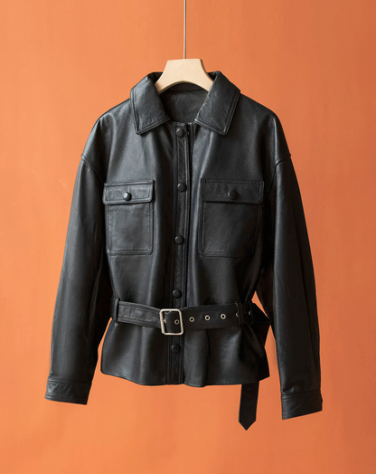 ♀本革／Real Leather Belted Jacket