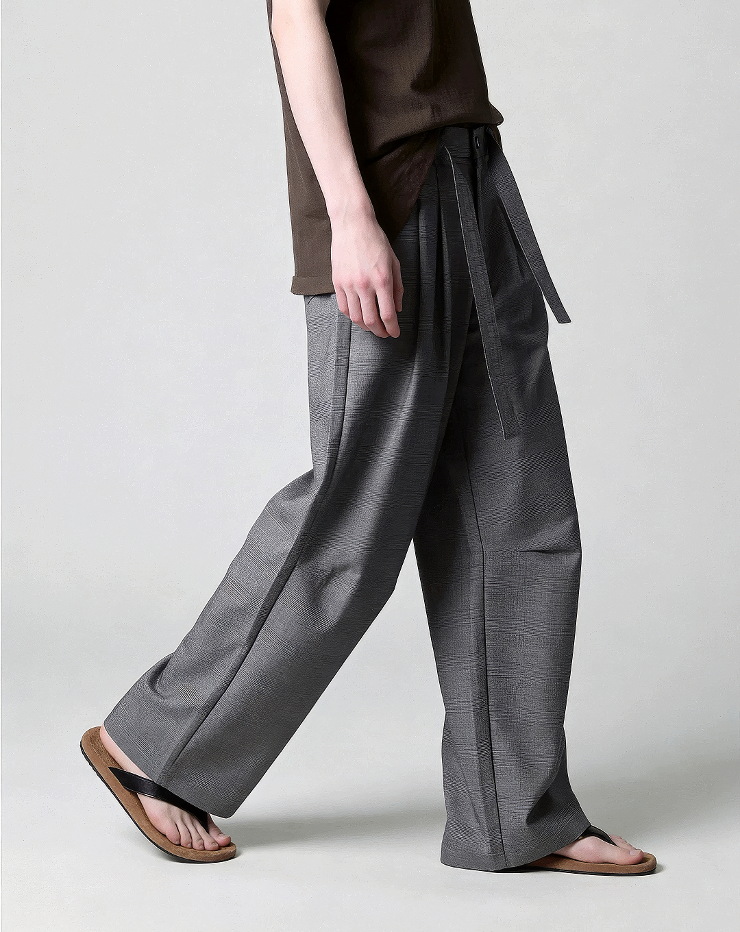 ♂♀Belted Plaid Wide Pants